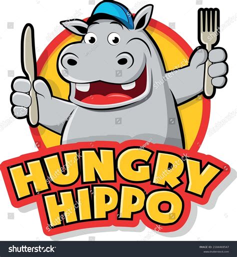 Hungry Hippo Holding Fork Knife Logo เวกเตอร์สต็อก ปลอดค่าลิขสิทธิ์