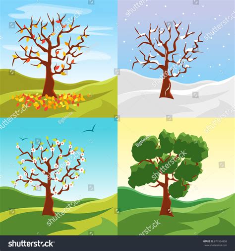 Cartoon Tree Seasons Set On Nature Vector De Stock Libre De Regal As