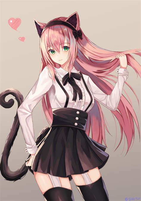 pink haired anime girl with cat ears