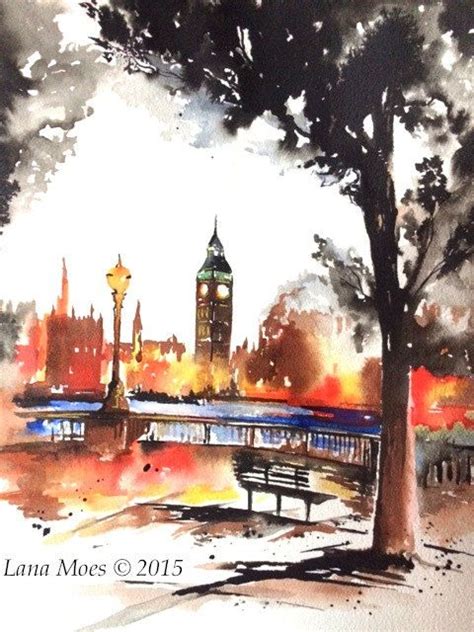 New London Watercolor Original Painting London Sunset Travel