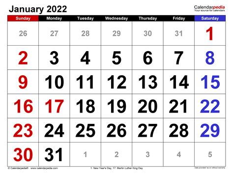 January 2022 Calendar Templates For Word Excel And Pdf