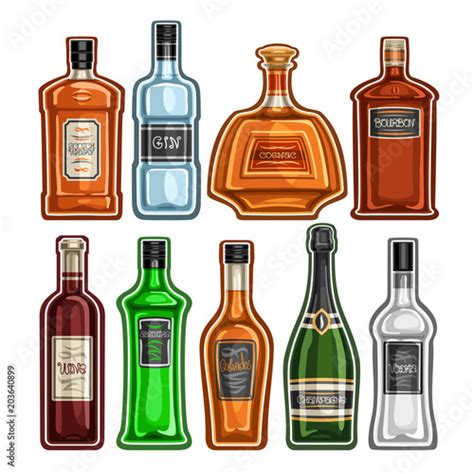 Vector Set Of Different Bottles 9 Full Glass Containers With Colorful Premium Alcohol Drinks