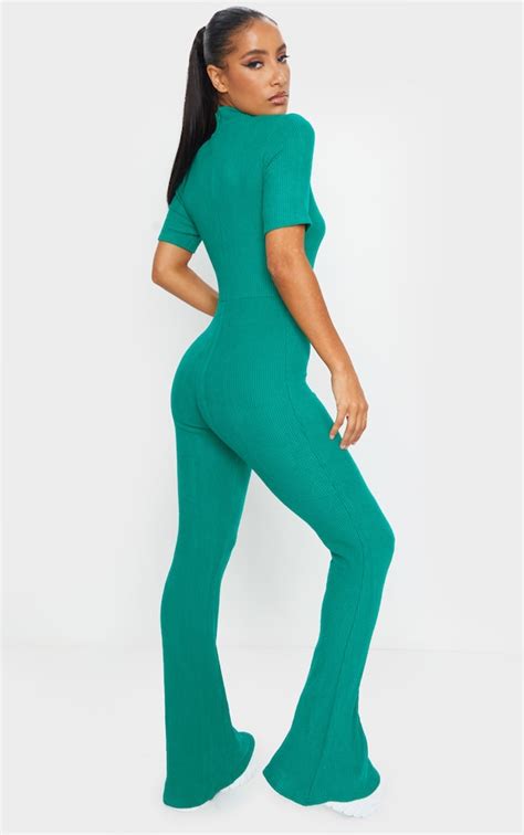 Emerald Green Brushed Rib High Neck Flared Jumpsuit Prettylittlething Aus
