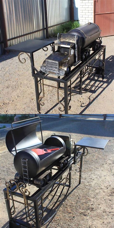Two Different Views Of An Outdoor Grill On The Side Of The Road One Is