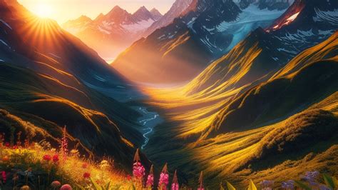 Mountain Range During Sunrise Suns Rays Snow Capped Peaks Casting A