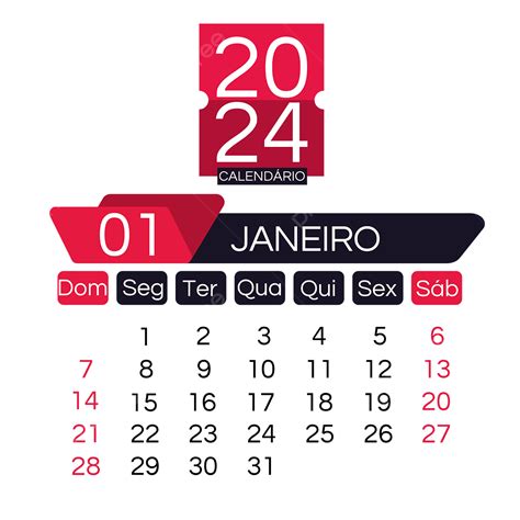 Calendário Preto E Vermelho Português De Janeiro De 2024 Png 2024