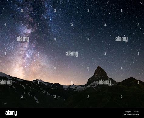 Starry Sky Milky Way Night Landscape Matterhorn Mountain Massif