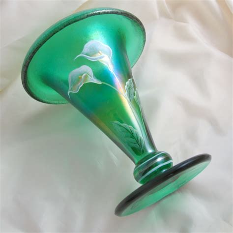 Fenton Calla Lily Emerald Green Stretch Carnival Glass Rolled Top Vase 2 30 Limited Edition