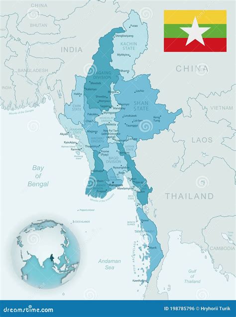 Blue Green Detailed Map Of Myanmar Administrative Divisions With