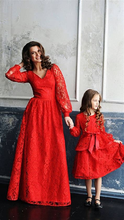 Mommy And Me Matching Red Outfit Red Lace Formal Dress Mother Daughter Romantic Dresses Party