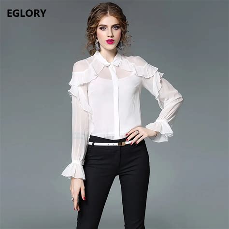 new 2018 spring summer blouses women turn down colar ruffles floral flare sleeve long sleeve