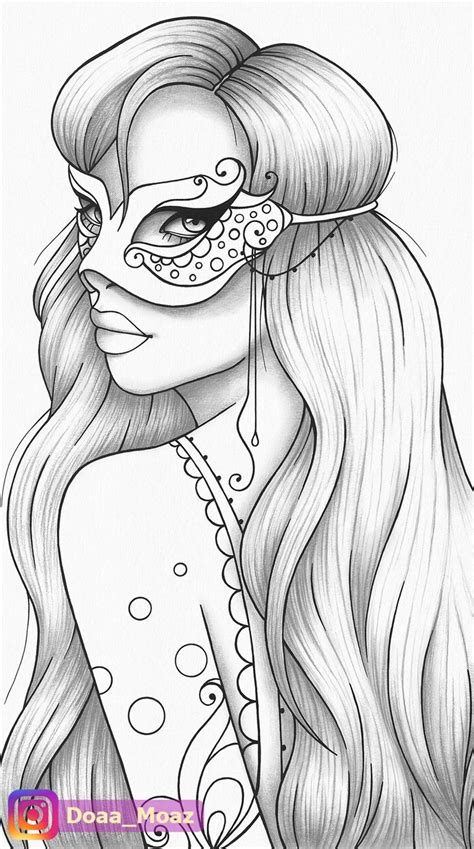 printable coloring page girl portrait  mask colouring sheet etsy outline drawings