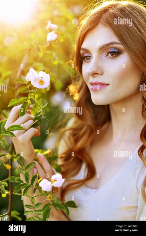 Beautiful Young Woman Posing By Rose Bush Stock Photo Alamy