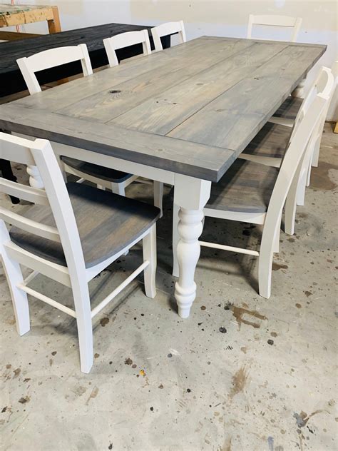 Modern Farmhouse Table With Turned Legs Chair Set Classic Gray Top And