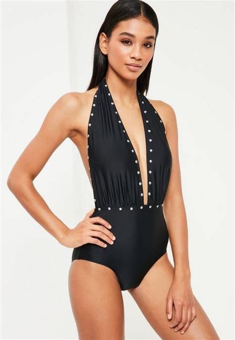 Missguided Black Stud Detail Plunge Neckline Swimsuit Sexy One Piece