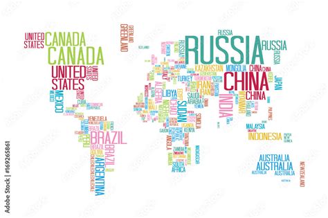 World Map With Countries Name Text Or Typography With Colorful Color
