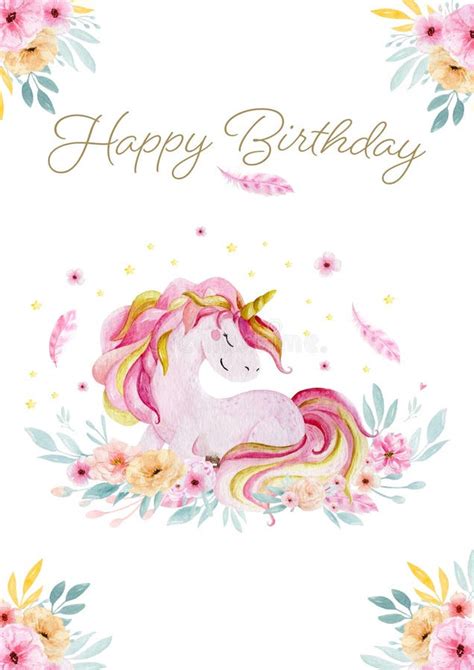 Hand Drawn Greeting Card White Cute Watercolor Unicorn And Flowers