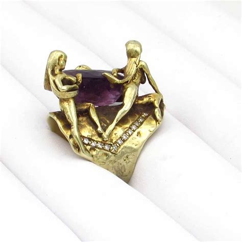At Auction Brutalist 14K Gold Amethyst Nude Figural Ring