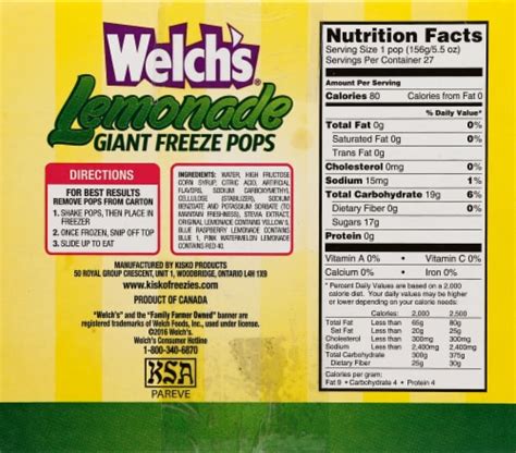 Welchs Lemonade Giante Freeze Pops 27 Ct Bakers