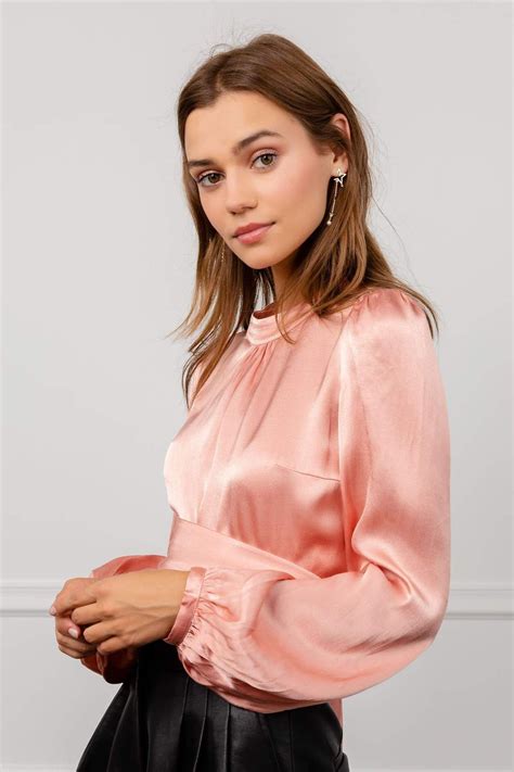 Jing Womens Tops Pink Satin Tied Waist Open Back Blouse Pink Long Sleeve Tops Blouse Tie