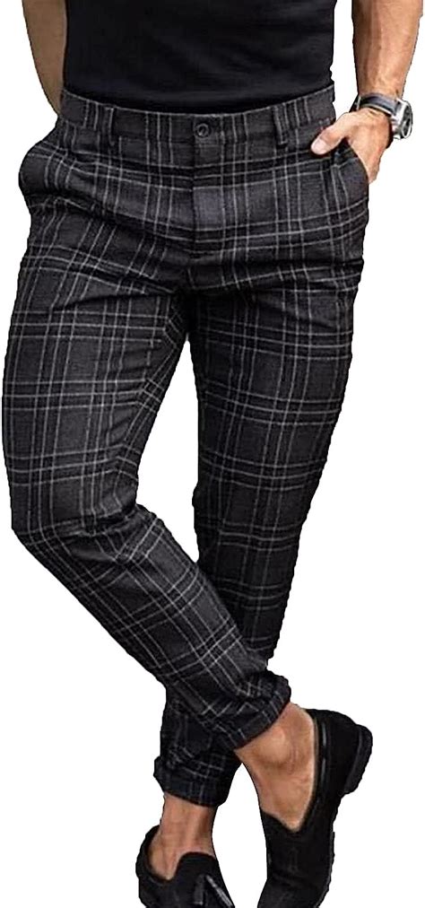 Mens Checkered Fit Fashion Chinos Trousers Casual Plaid Pants Modern