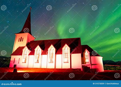 Aurora Borealis Above Icelandic Church Stock Image Image Of Religion