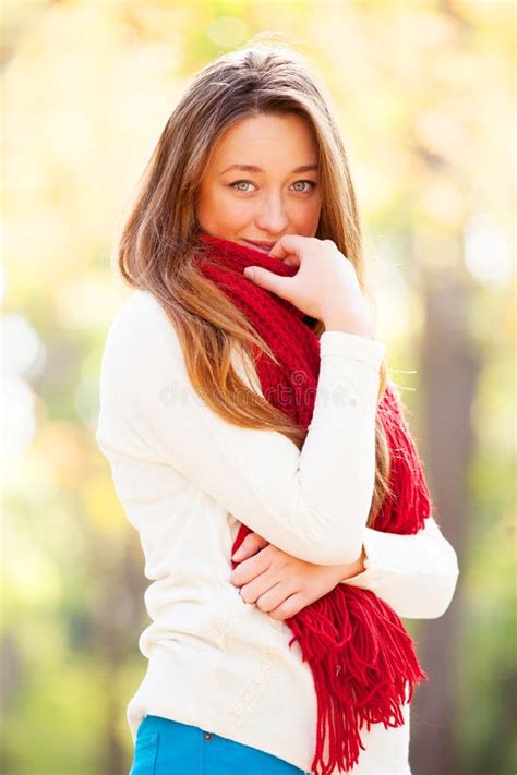 Teen Girl In Red Scarf Stock Image Image Of Brunette 34190069