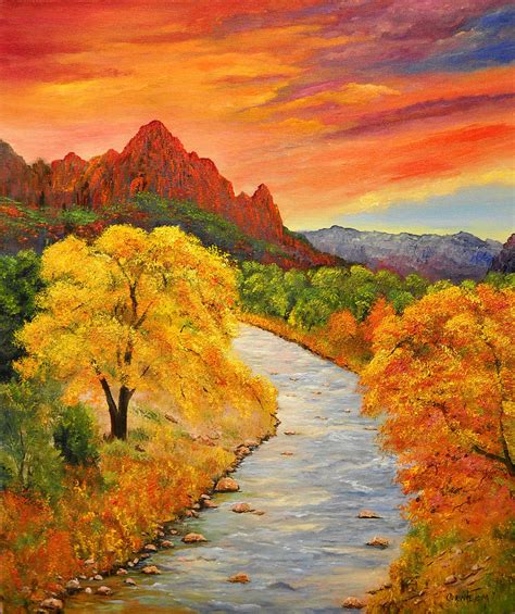 Autumn Sunset At Zion National Park Painting By Connie Tom