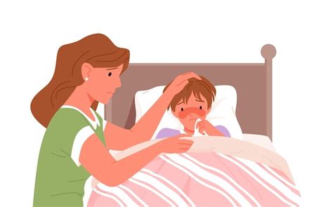 Mère Et Fils Malade Avec Grippe Froide Fièvre Malade Illustration Vectorielle Dessin Animé