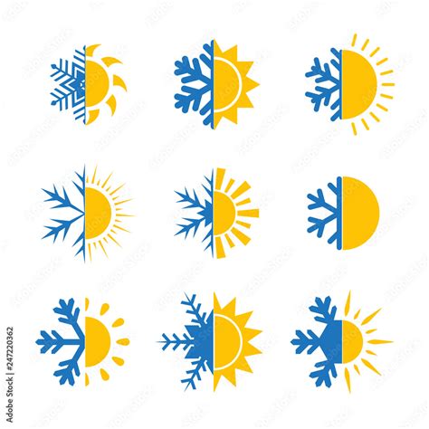 Hot And Cold Symbol Sun And Snowflake Set Of Suns And Snowflakes Stock