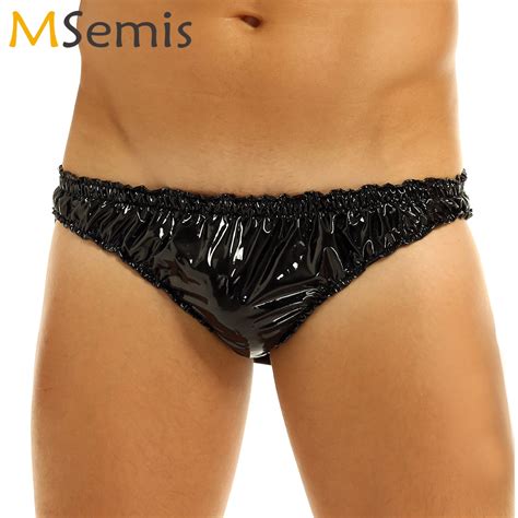 Mens Lingerie Wet Look Patent Leather Sissy Panties High Cut Frilly