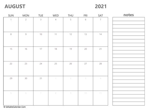 August 2021 Calendar Templates