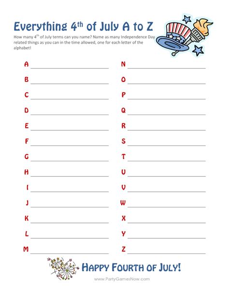 So have some hot dogs (one of the trivia questions is how many hot dogs americans eat during the fourth), set off some fireworks, and break out the these 4th of july stickers and games are wonderful. "Everything 4th of July A-Z" Game - Printable 4th of July Games | Christmas charades, Christmas ...