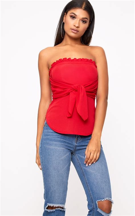 Red Bandeau Frill Tie Front Top Tops Prettylittlething