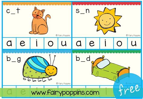 The free patterning cards help kids make patterns using pattern blocks. Medial Vowel Clip Cards | Fairy Poppins