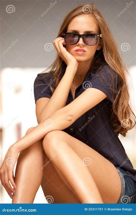 Sunglasses Woman Portrait Outdoor Stock Image Image Of Legs Blue