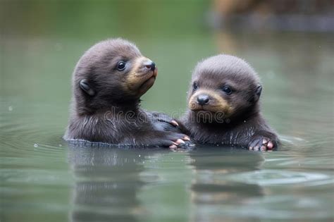 Baby Otters Floating On Their Backs Holding Hands While They Take In