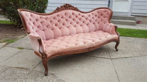 Antique Victorian Peach Pink Velvet Couchsofa Vintage Tufted