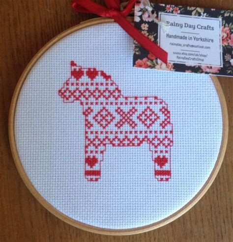 Fall day cross stitch pattern (30% off). Scandinavian Dala Horse Cross Stitch Embroidery Hoop ...