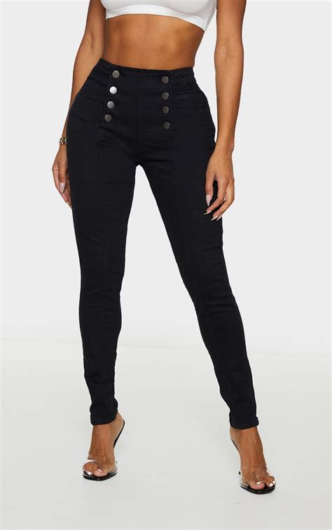 Shape Jean skinny taille haute noir à boutons PrettyLittleThing FR