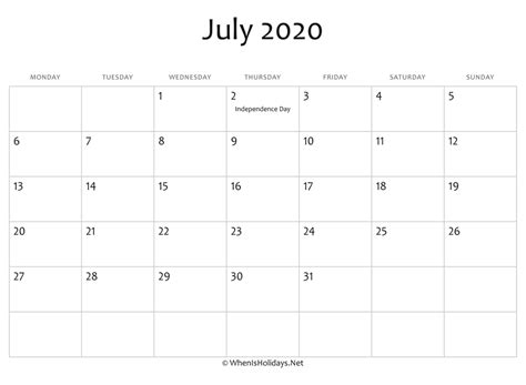 July 2020 Calendar Printable With Holidays Whenisholidaysnet