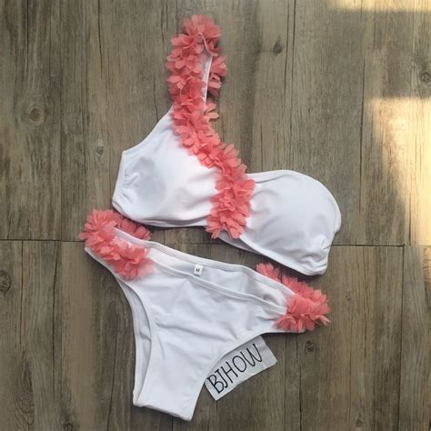 One Shoulder Swimsuit Women 2017 3d Flower Strap Stretch Bikini Set