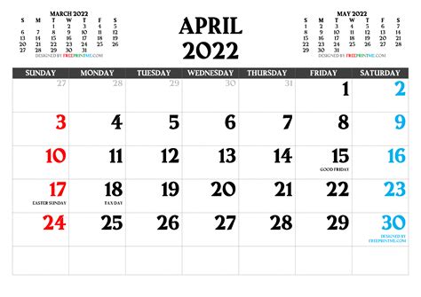 Free April 2022 Calendar With Holidays Printable Free Printable April