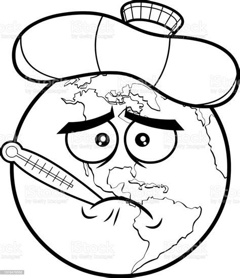 Outlined Sick Earth Globe Cartoon Character With Thermometer And Ice