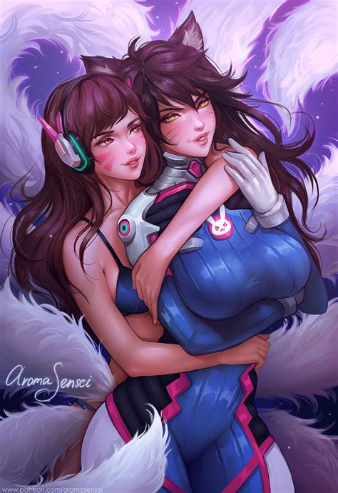 Rule 34 2girls Ahri Aroma Sensei Asian Big Breasts Breasts Cleavage Costume Switch Crossover D