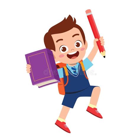 Happy Cute Student Kid Boy With Book And Pencil Stock Vector