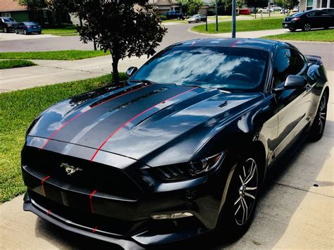 2017 Ford Mustang Matte Black Red Trim Stripes On Charcoal Grey Body