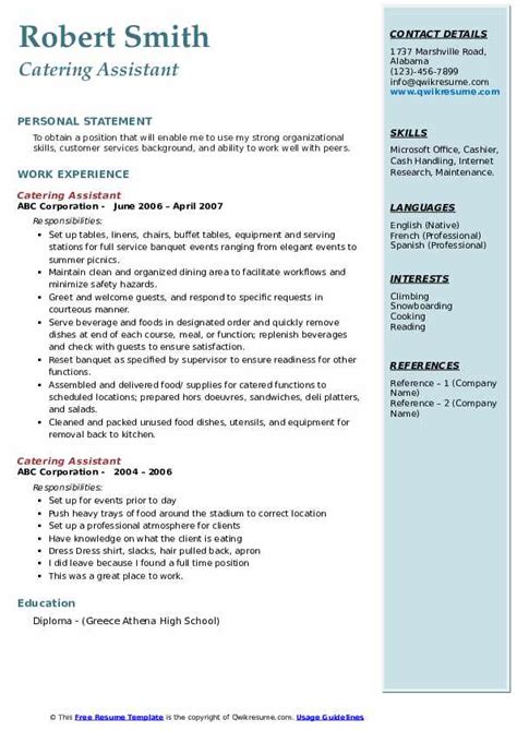 Take a look at our cv examples in professional templates. Catering Assistant Resume Samples | QwikResume