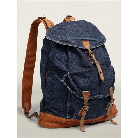 Rrl Canyon Denim Backpack In Indigo Tan Blue For Men Lyst