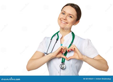 Female Doctor With Stethoscope Showing Sign Of Heart Isolated On White